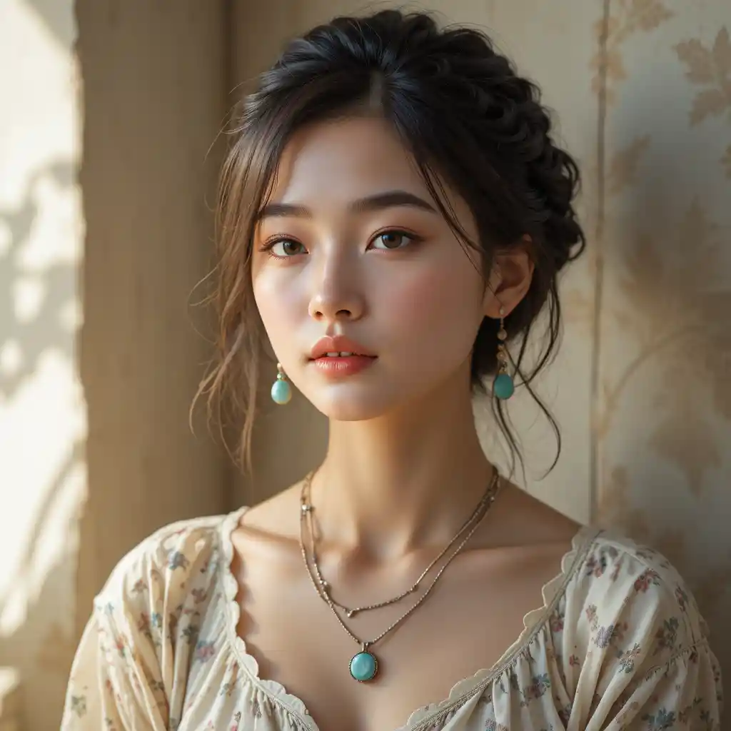 Serene portrait of a young woman in bohemian floral blouse