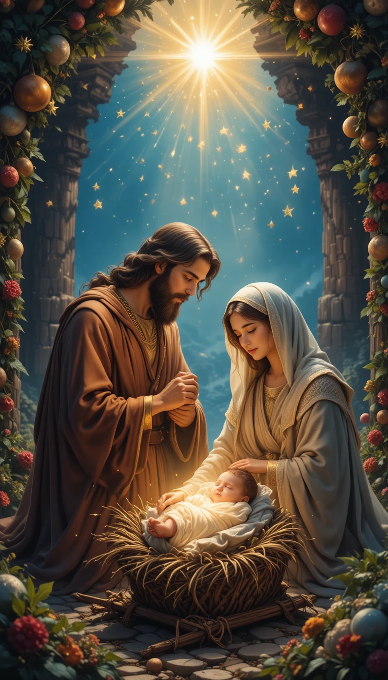 Glorious nativity scene of Jesus with Mary and Joseph