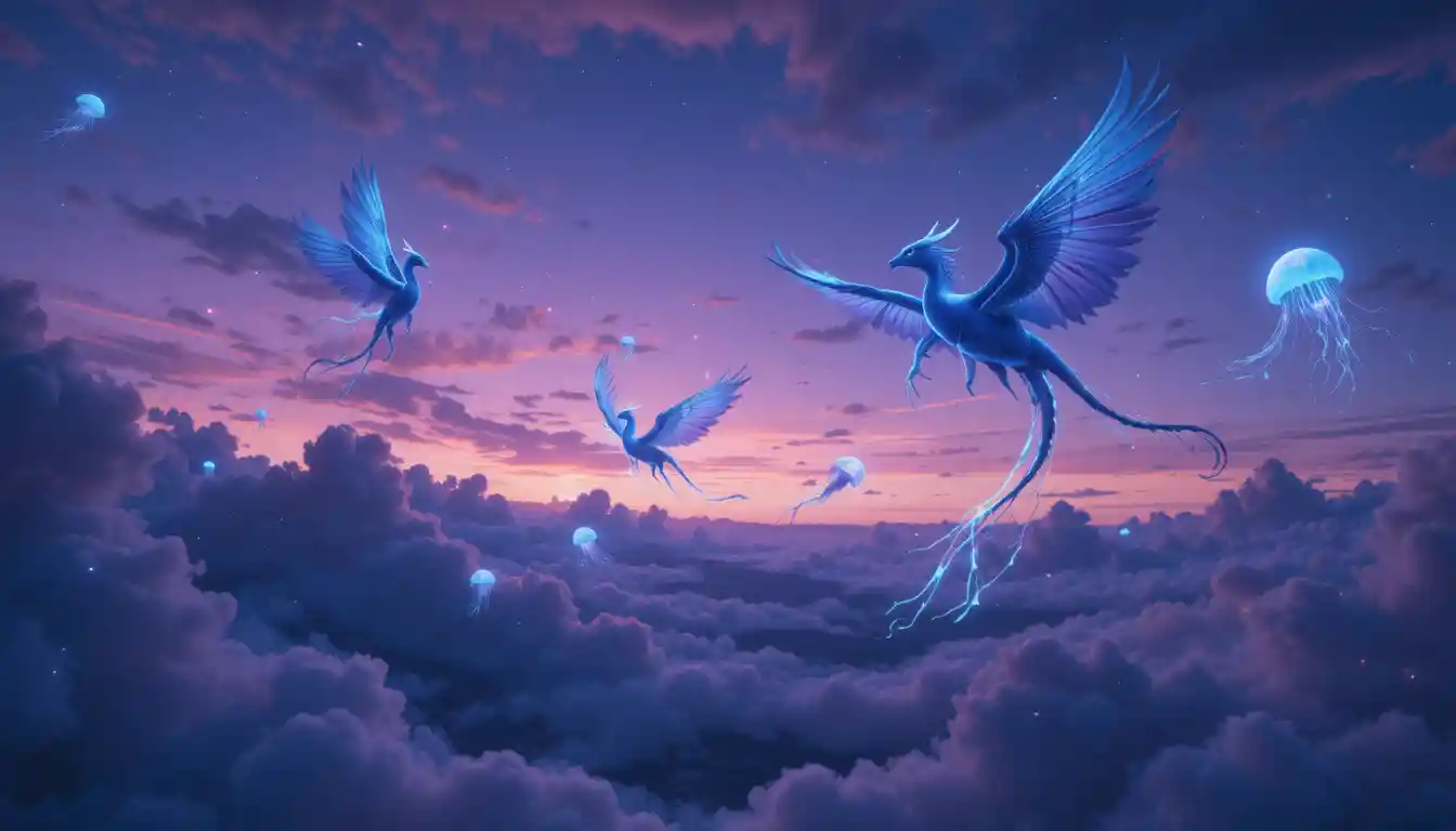 Bioluminescent Creatures Drifting Through A Dreamlike Twilight Sky