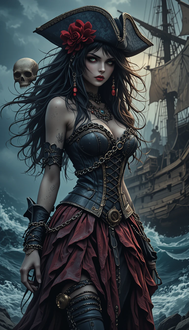 Pirate maiden captain holding a skull on a stormy deck
