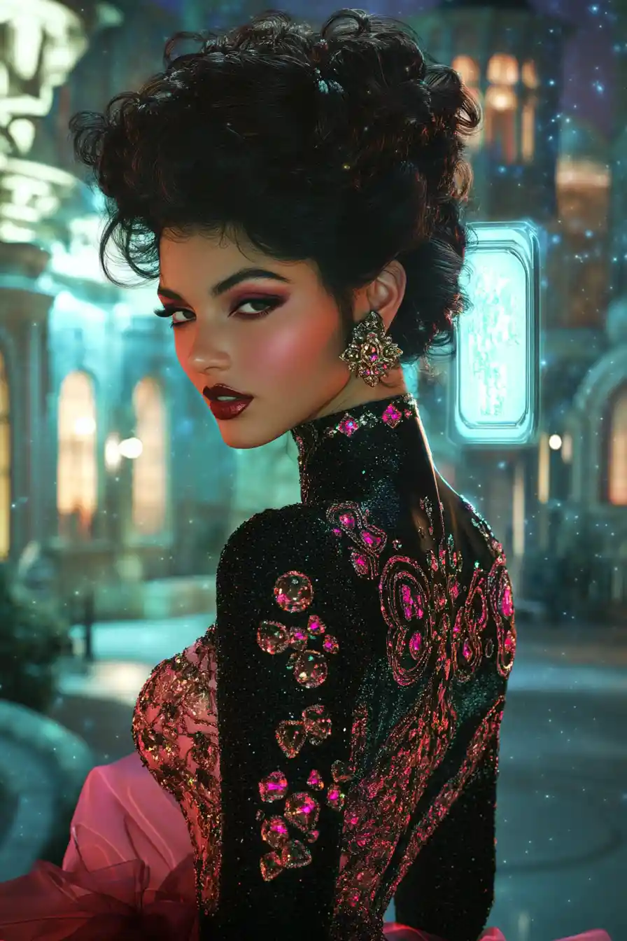 Persian fashion woman in moonlit surreal fantasy courtyard