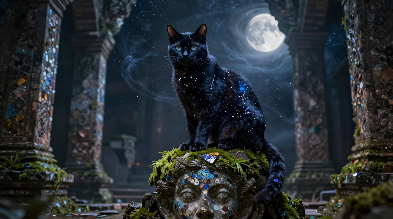 Celestial cat on mossy statue in ancient temple ruins