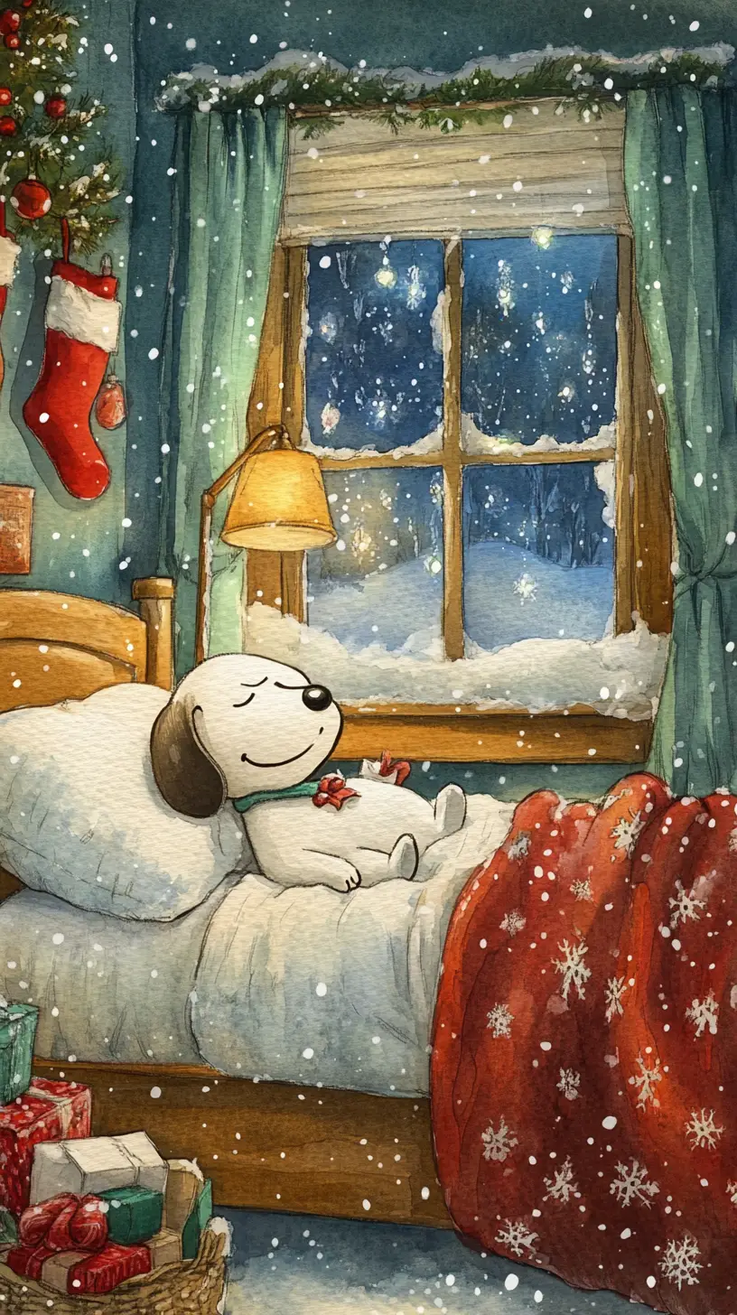 Cagnolino cartoon ad acquerello che dorme in una accogliente camera di Natale