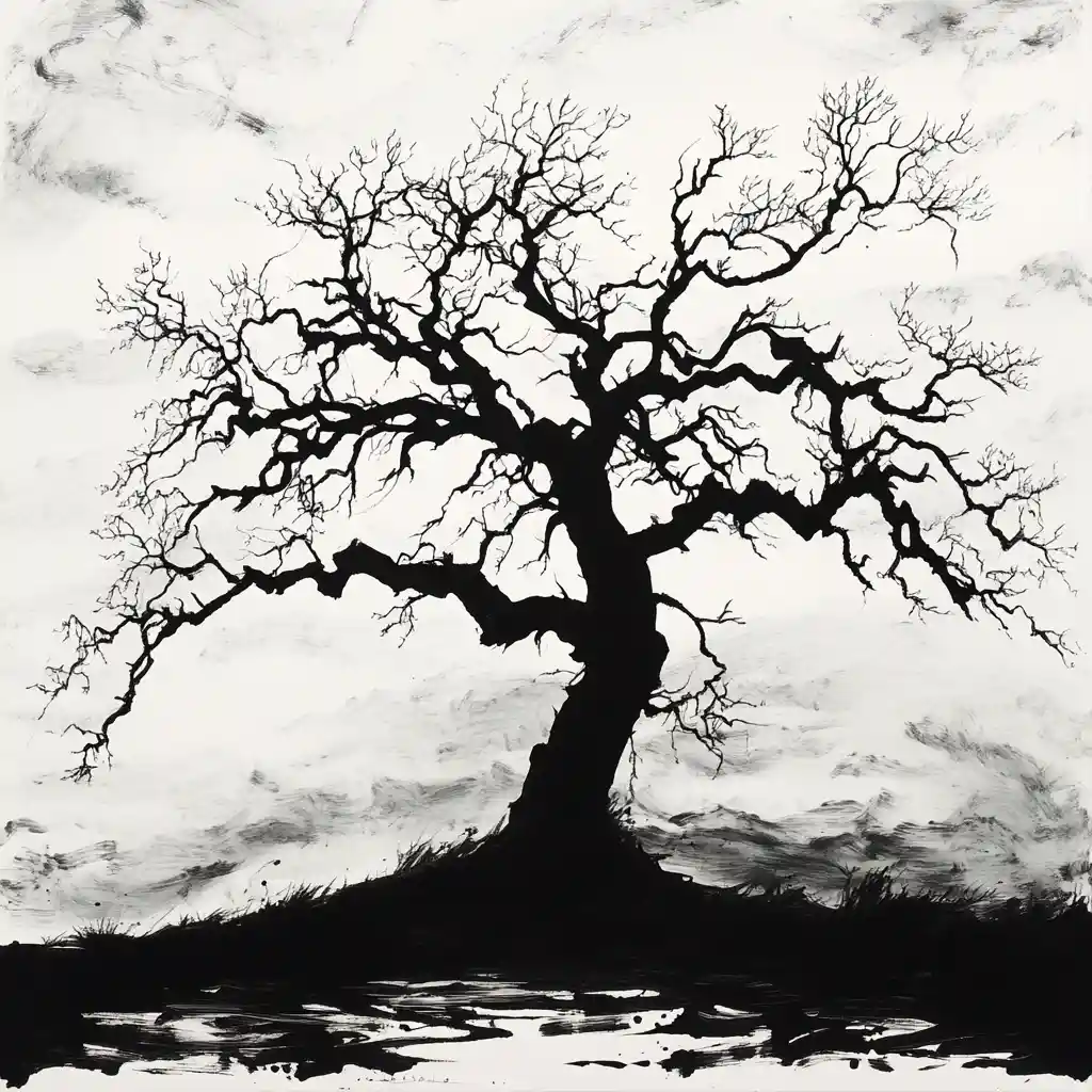 Silueta de Árbol Ancestral Contra un Cielo Tormentoso y Dramático