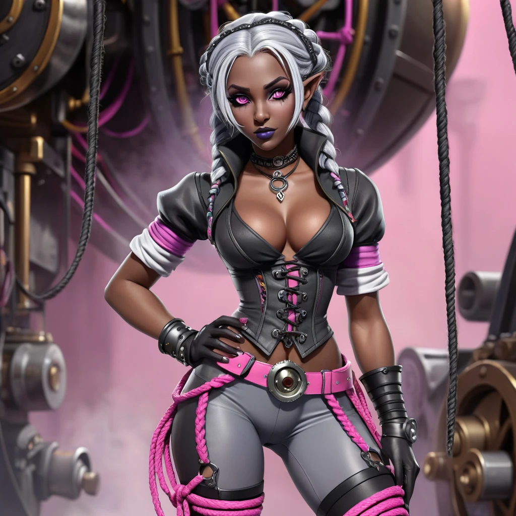 Femme drow fantasy colorée dans une scène de ville steampunk