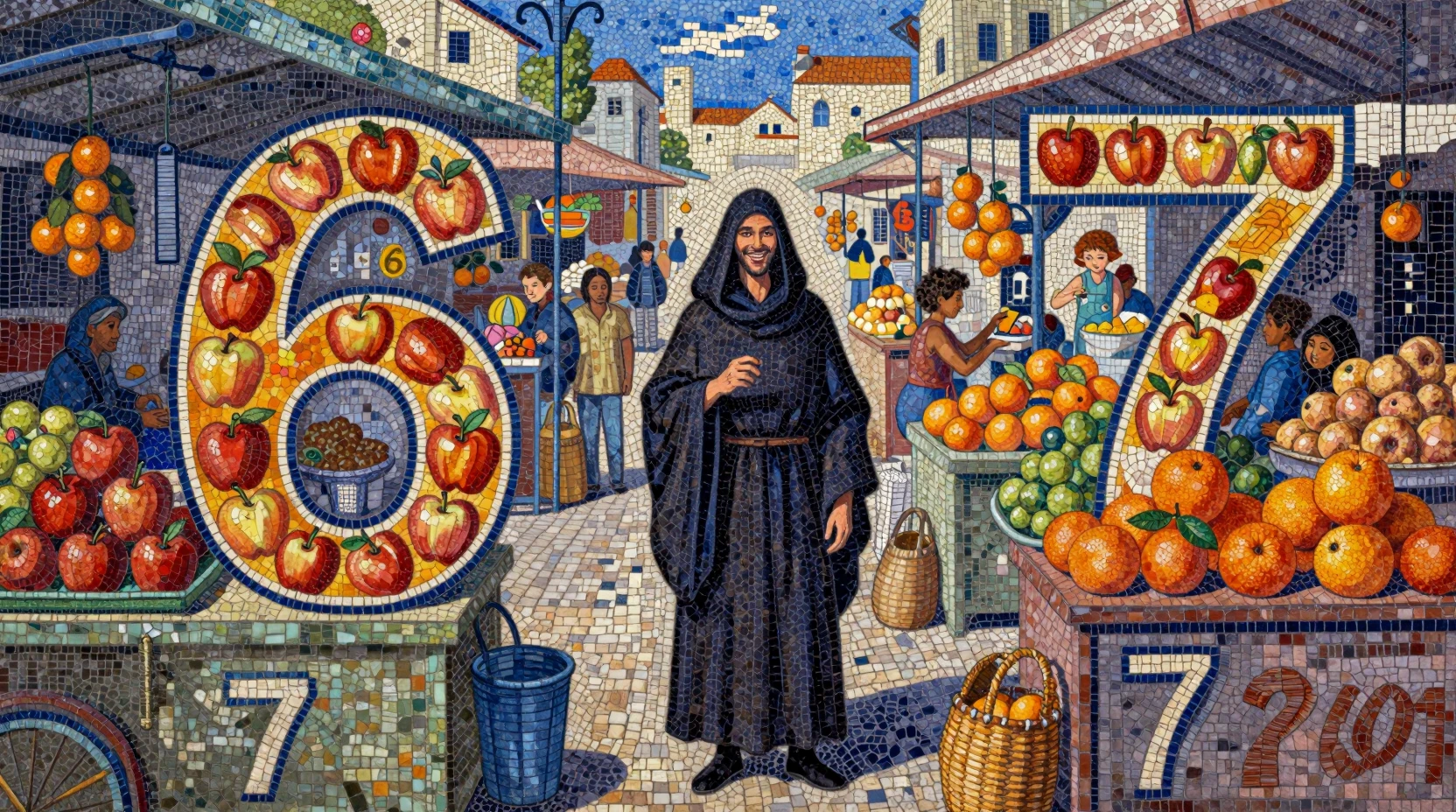 Mysterious figure watching a bustling numeric themed marketplace