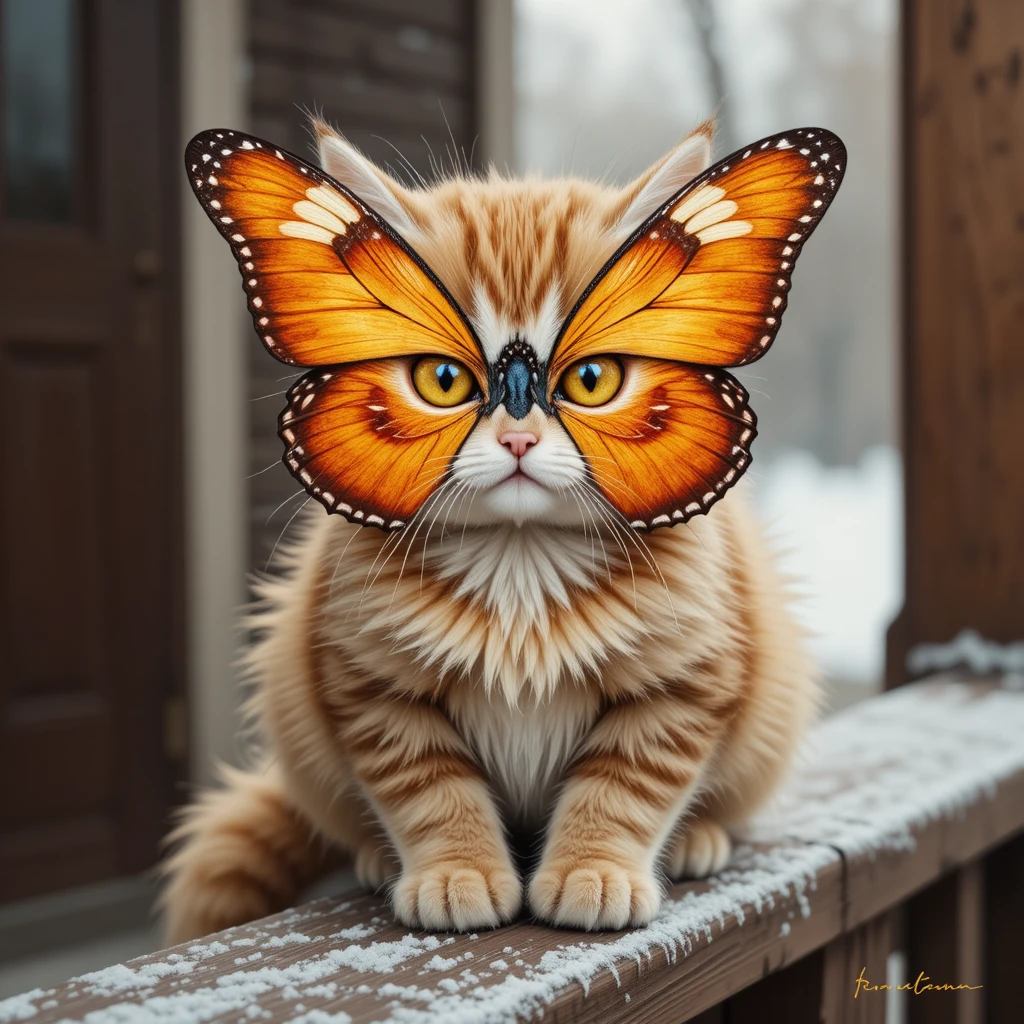 Surreal kitten with butterfly eyes on a frosty porch railing