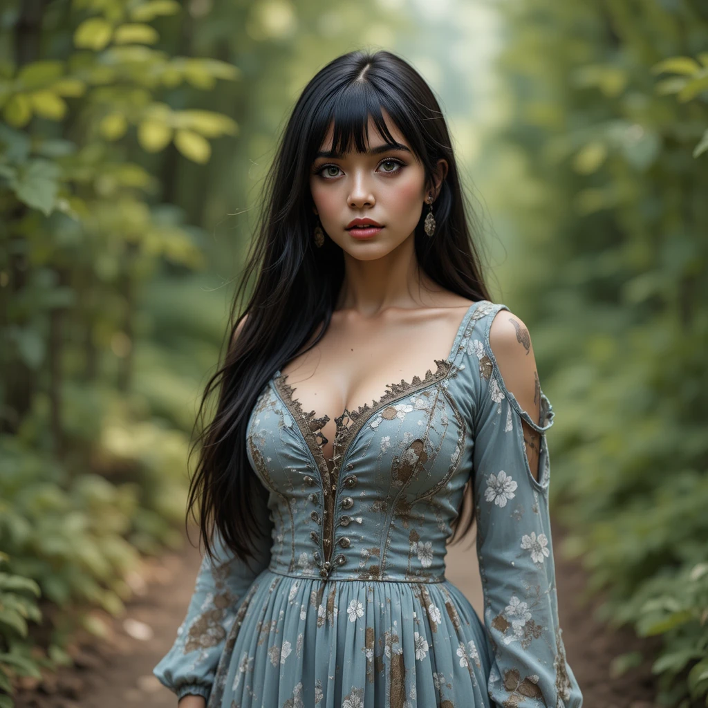 Donna con abito blu strappato in piedi su un sentiero nel bosco
