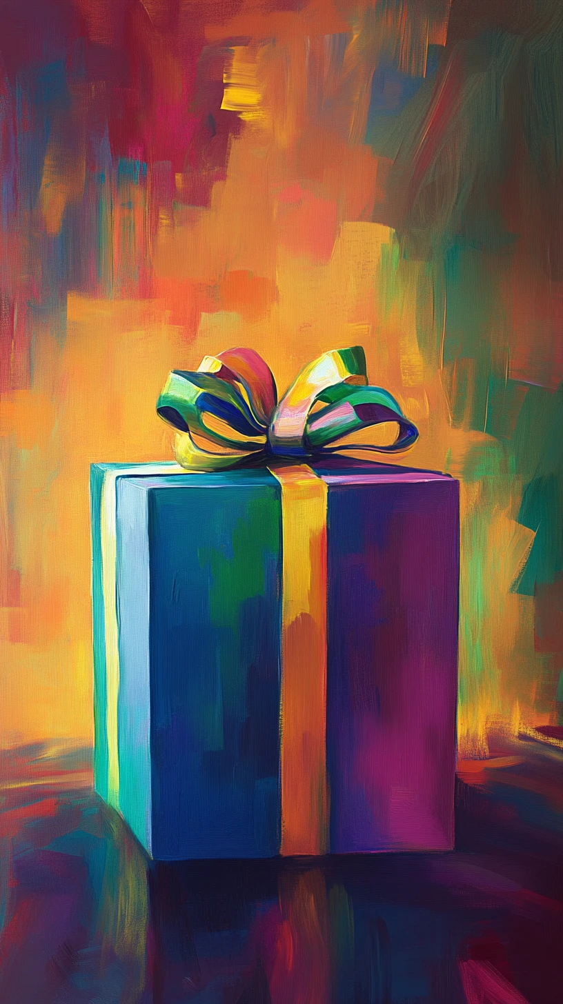 Scatola regalo colorata avvolta con un fiocco sottile e irregolare