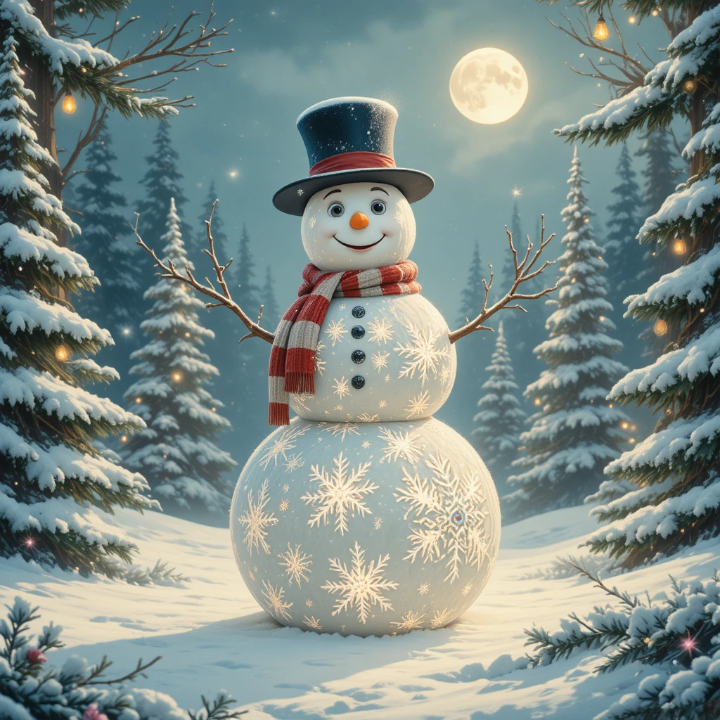 Vintage snowman in a snowy Christmas forest illustration