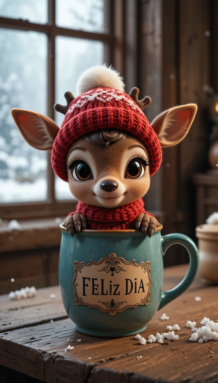 Süßes Rentierbaby in türkisfarbener Tasse an einem verschneiten Wintertag
