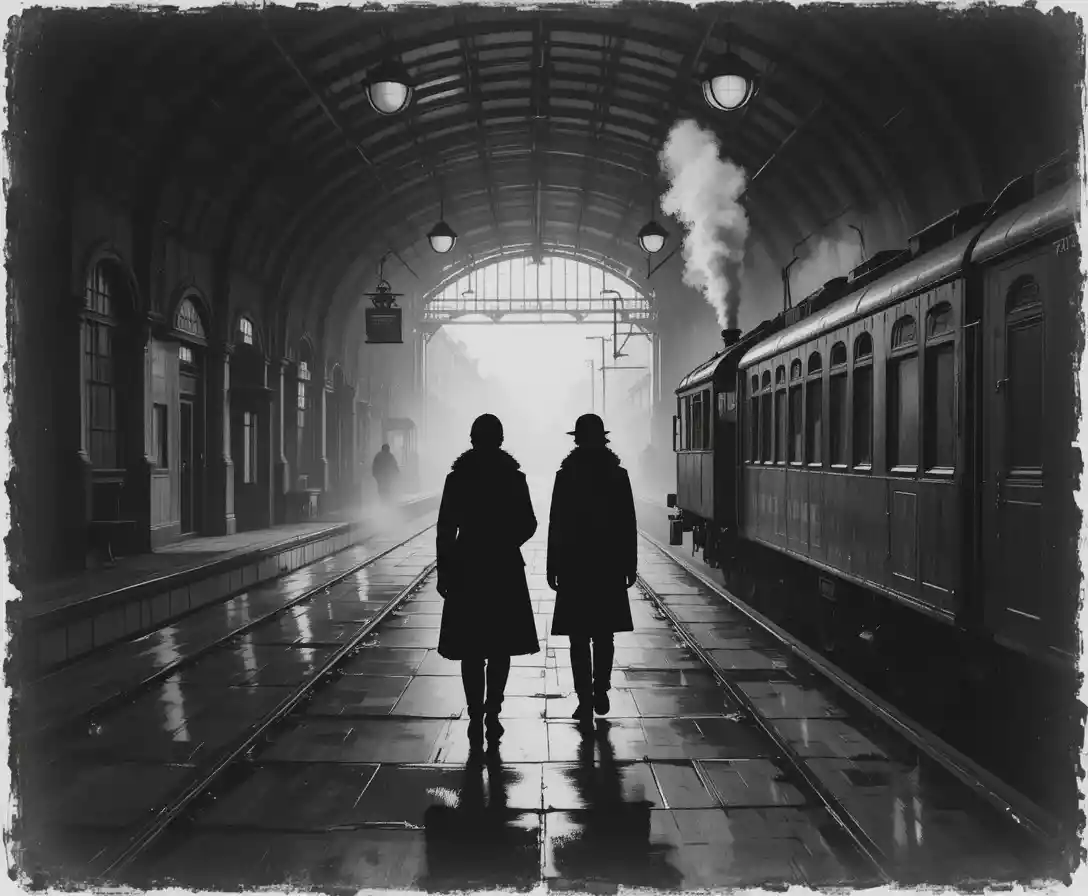 Charcoal train station scene with figures walking into light