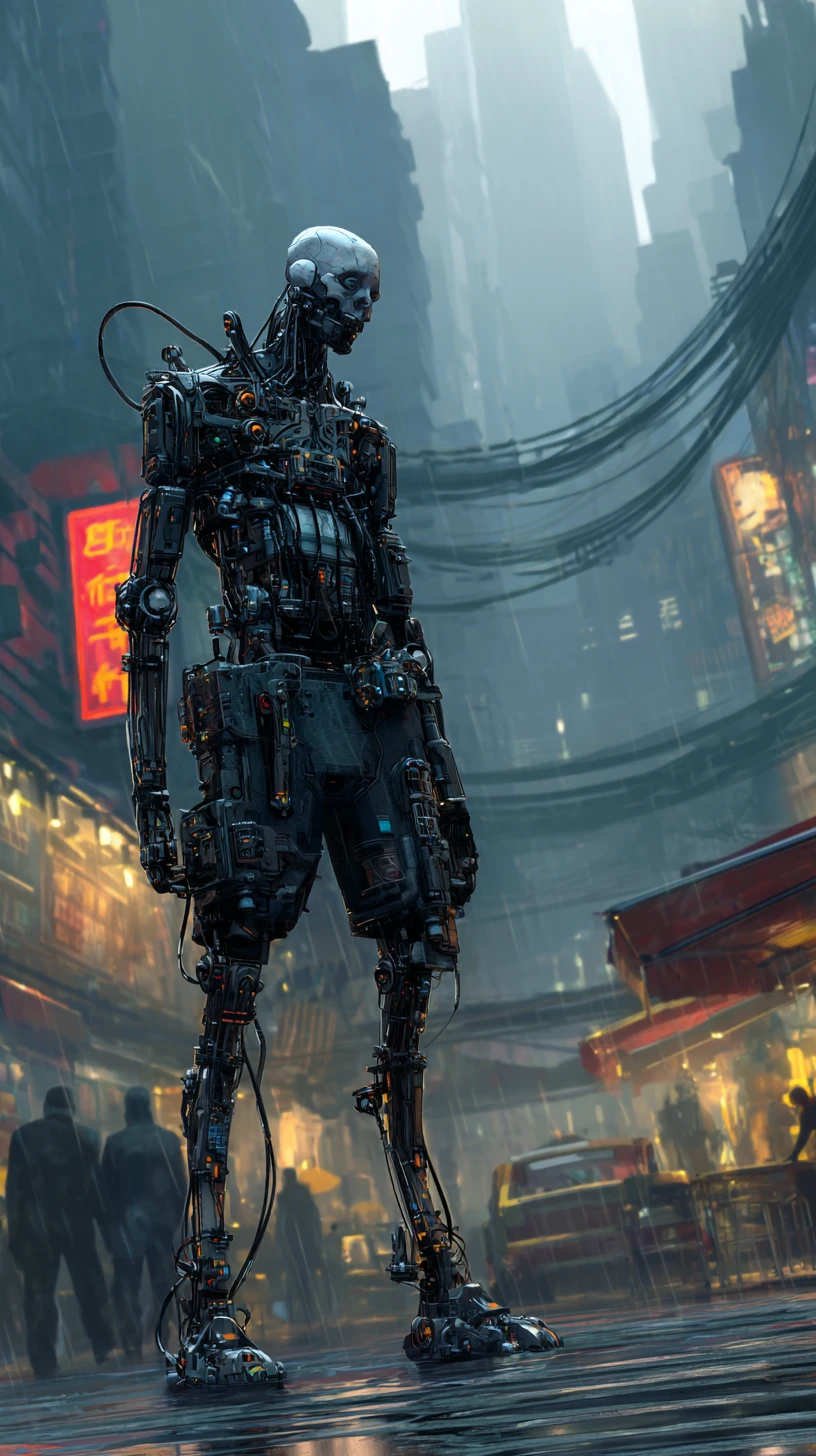 Ciborgue humanóide cyberpunk com armadura tática pesada