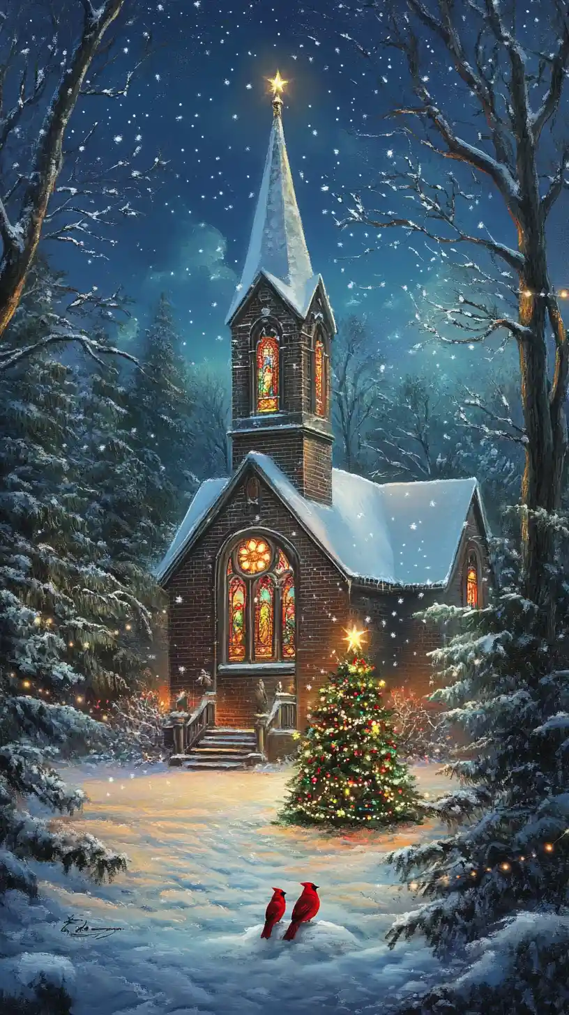 Igreja nevada com janelas iluminadas e árvore de Natal