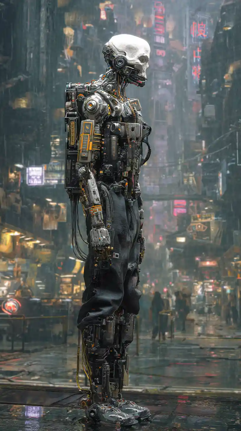 Ciborgue de corpo inteiro com armadura pesada em rua cyberpunk