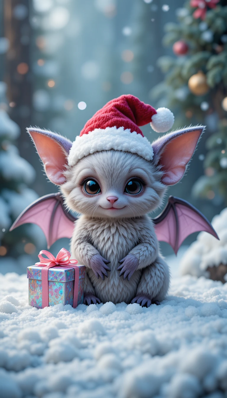 Cute fantasy bat creature with gifts in snowy forest