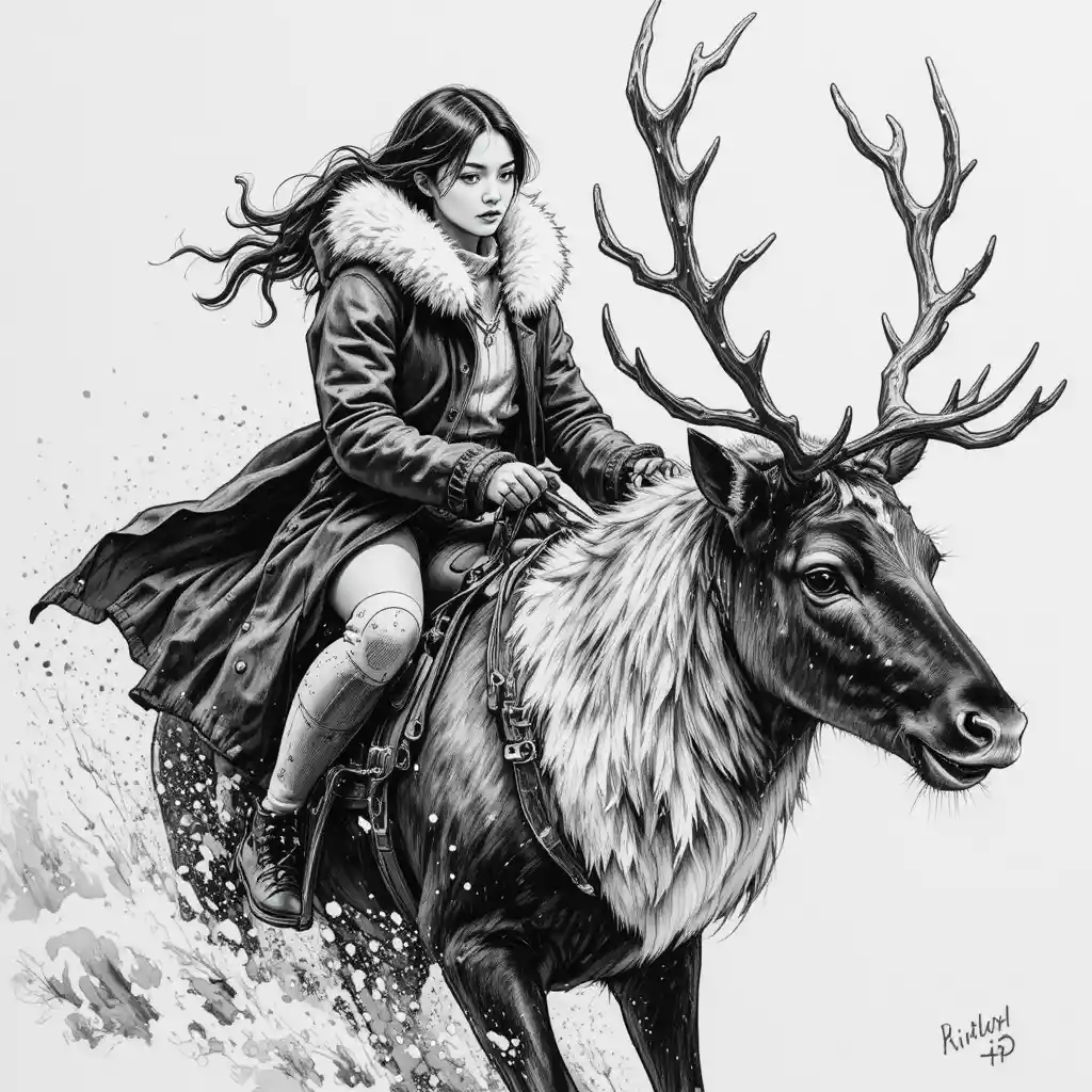 Girl riding a magical reindeer through a raging snowstorm