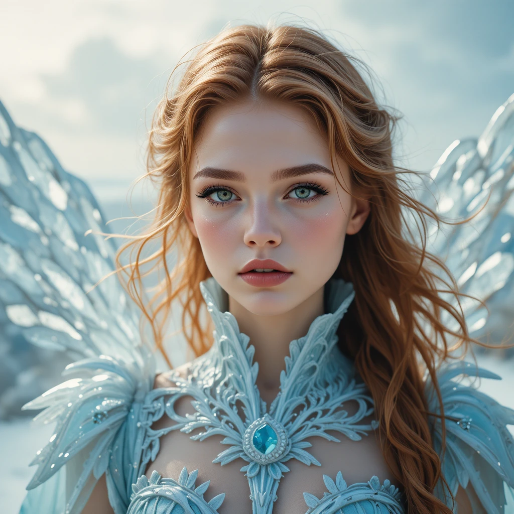 Jeune fille éthérée aux cheveux auburn et aux ailes de cristal dans le ciel