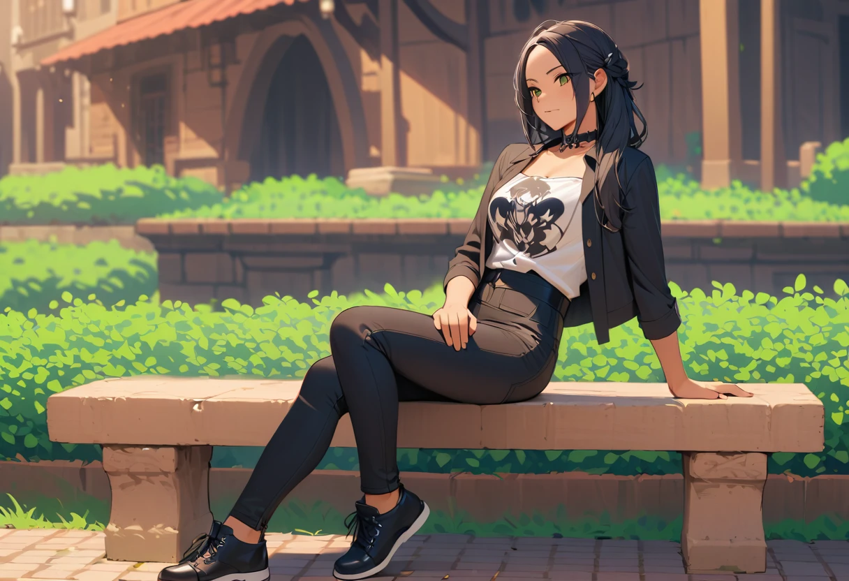 Garota gótica de anime na varanda com gato branco ao anoitecer