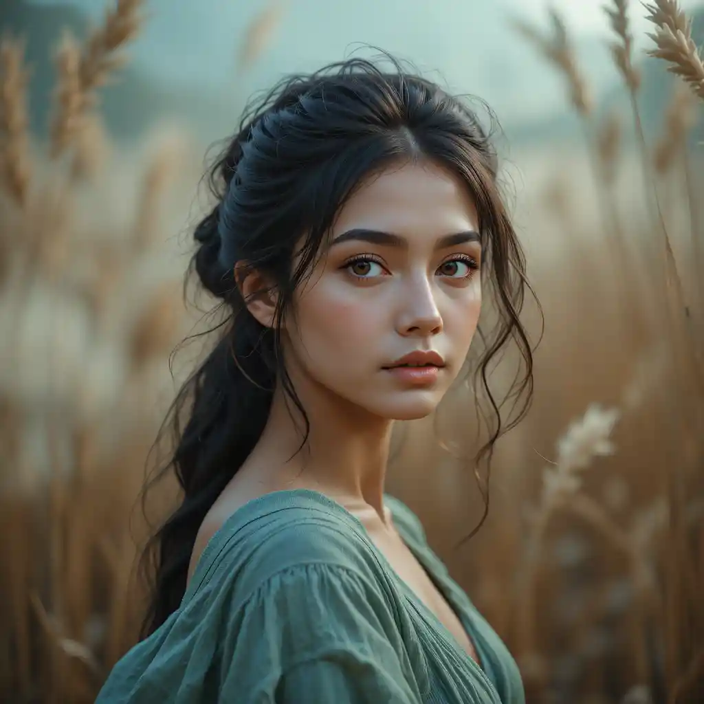 Melancholic young woman portrait in soft outdoor light