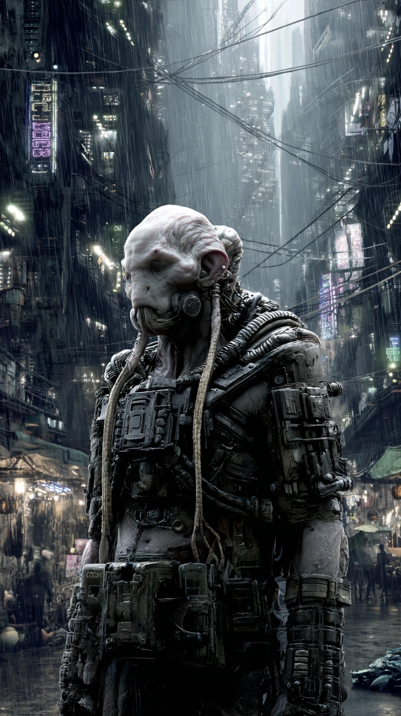 Unheilvoller Cyberpunk-Cyborg in schwerer taktischer Rüstung
