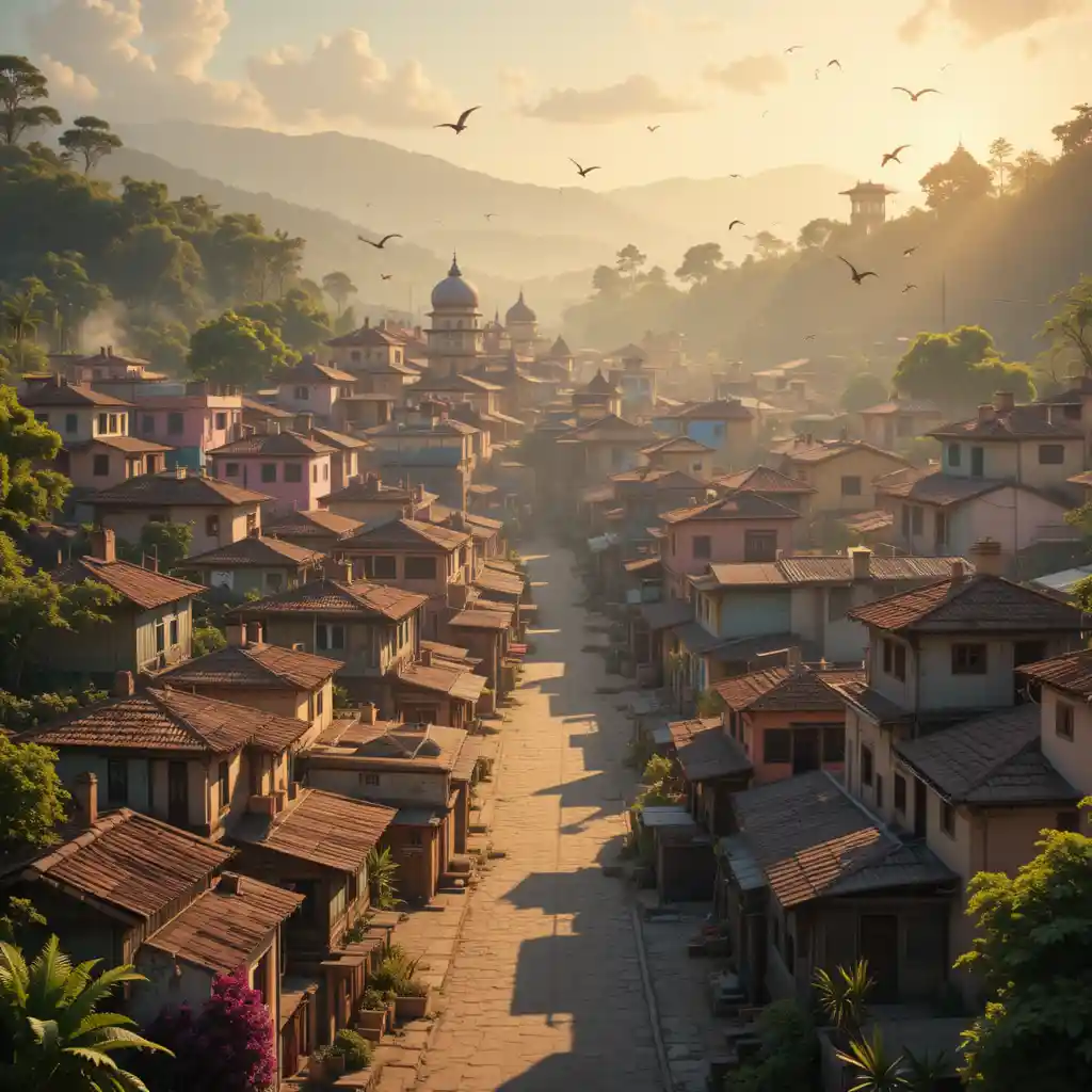 Colorful small Indian town in soft early morning light