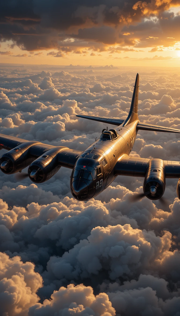 B-29-Bomber fliegt durch Sonnenuntergangshimmel über den Wolken