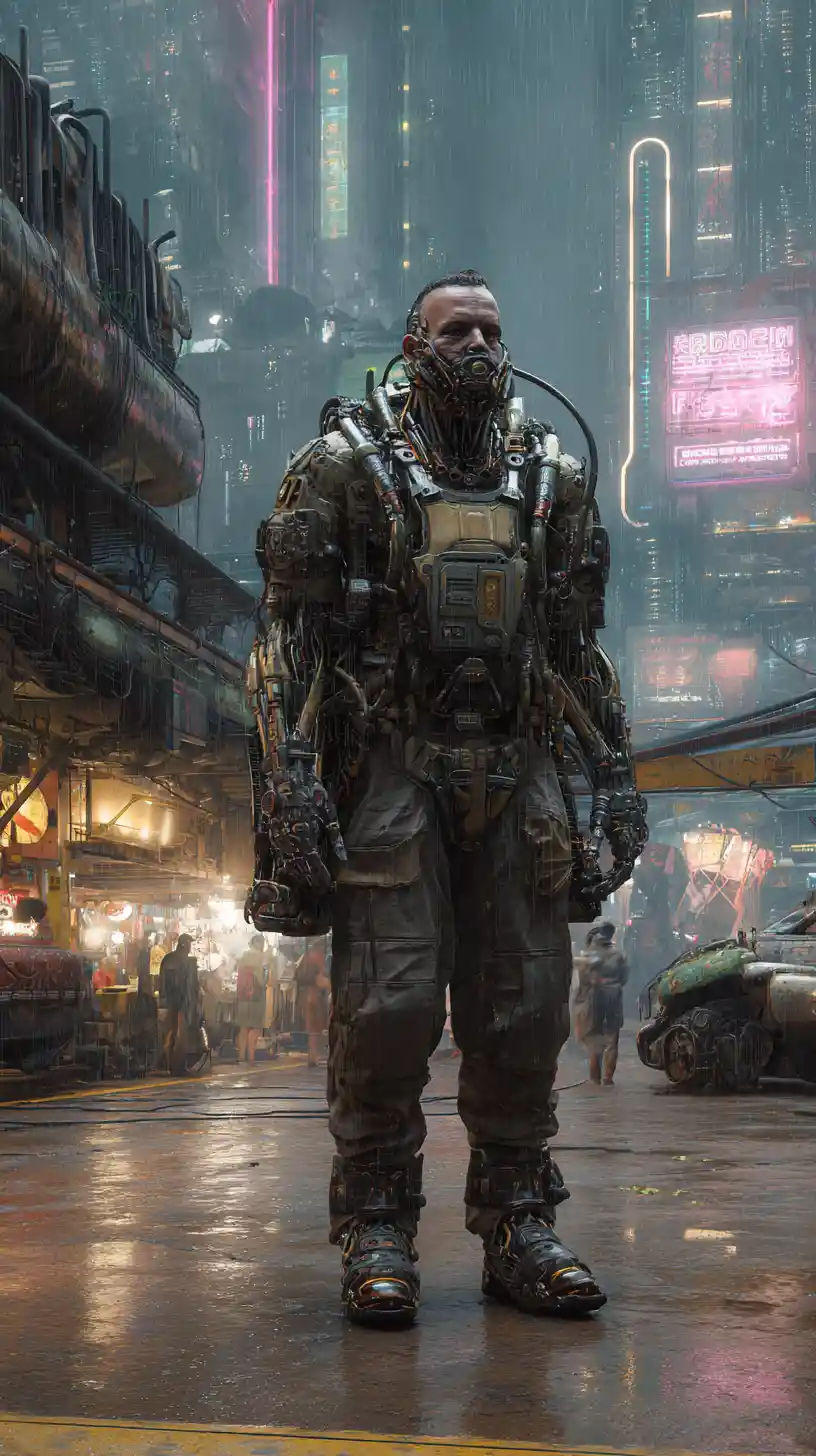 Menacing cyborg in heavy armor in a dark cyberpunk city