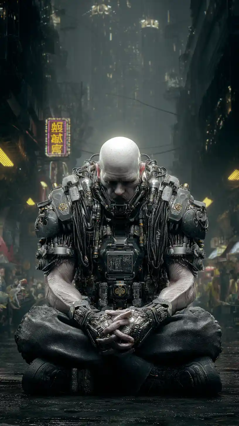 Cyborg menaçant en lourde armure dans une ville sombre