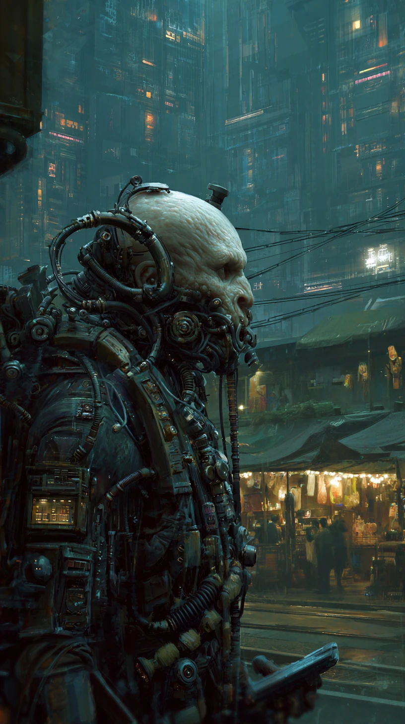 Ciborgue cyberpunk ameaçador com rosto exposto e armadura