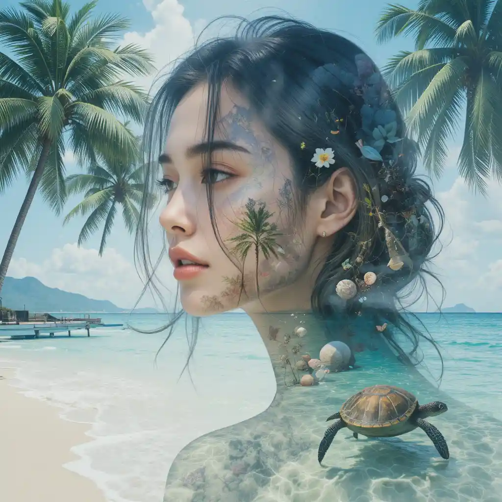 열대 바다와 함께한 여성의 더블 노출 초상화
