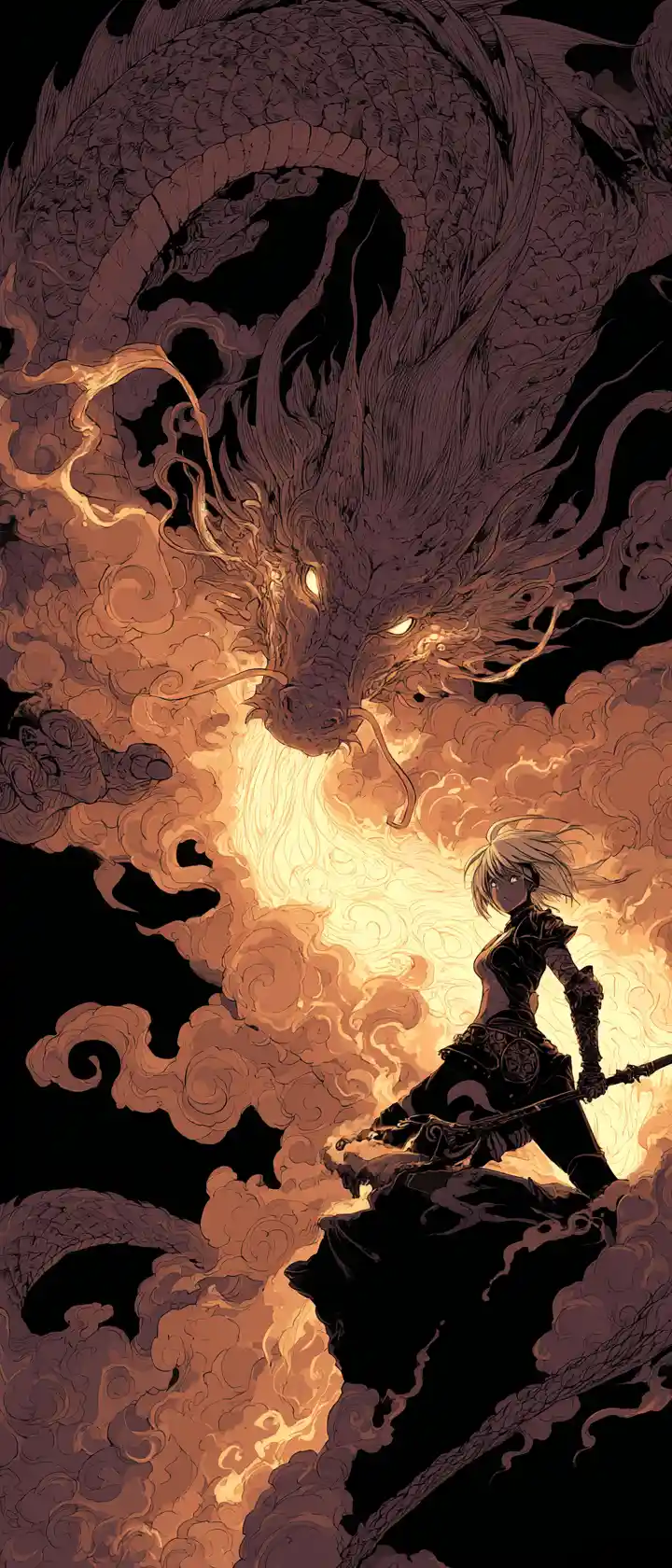 Warrior maiden riding a dragon through fiery clouds