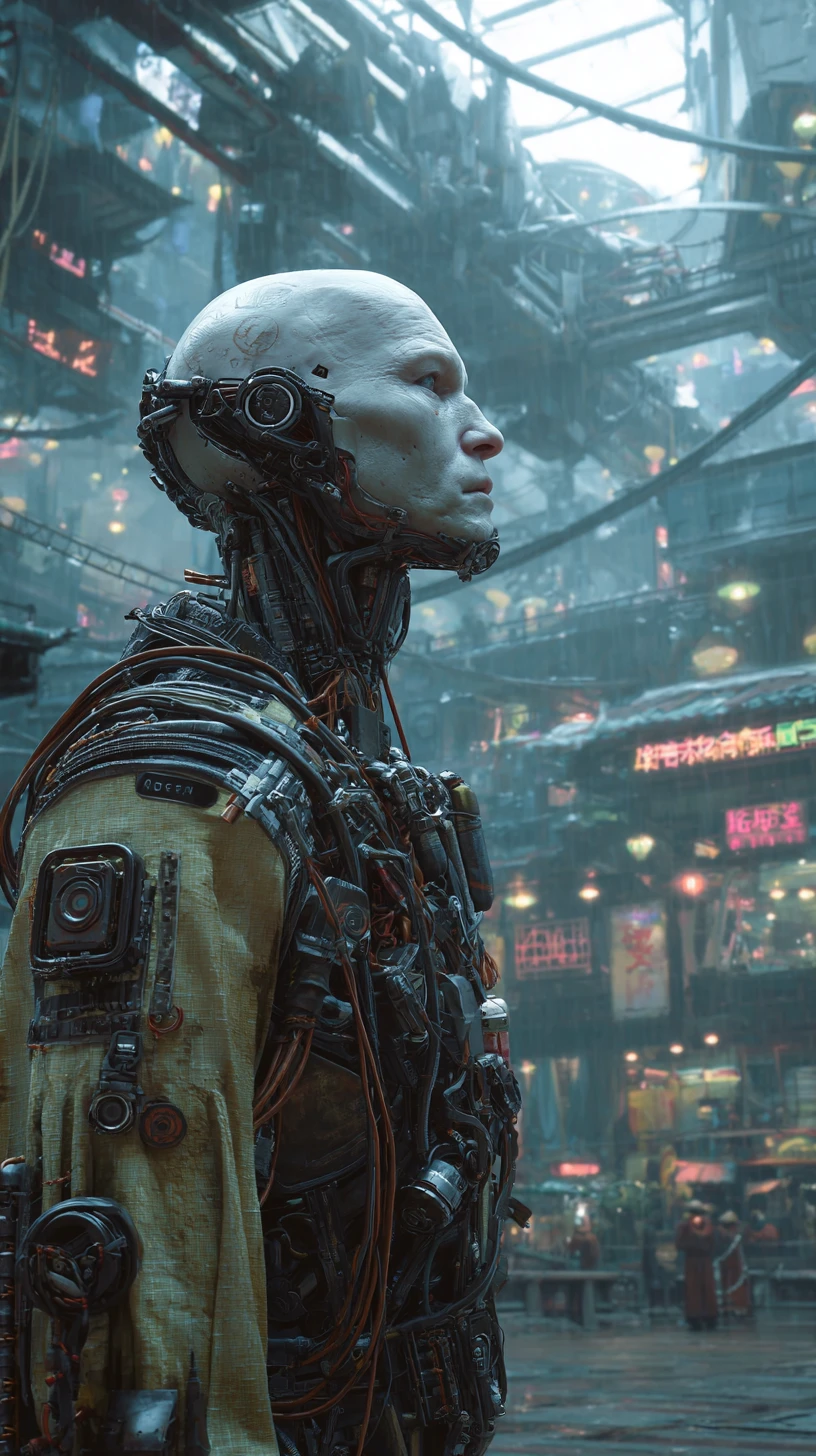 Ciborgue cyberpunk de corpo inteiro com armadura futurista sombria