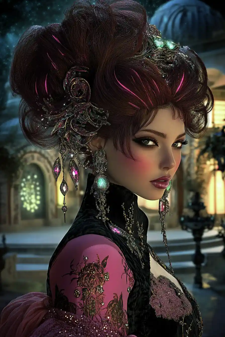 Persian woman in jeweled couture gown under moonlit sky