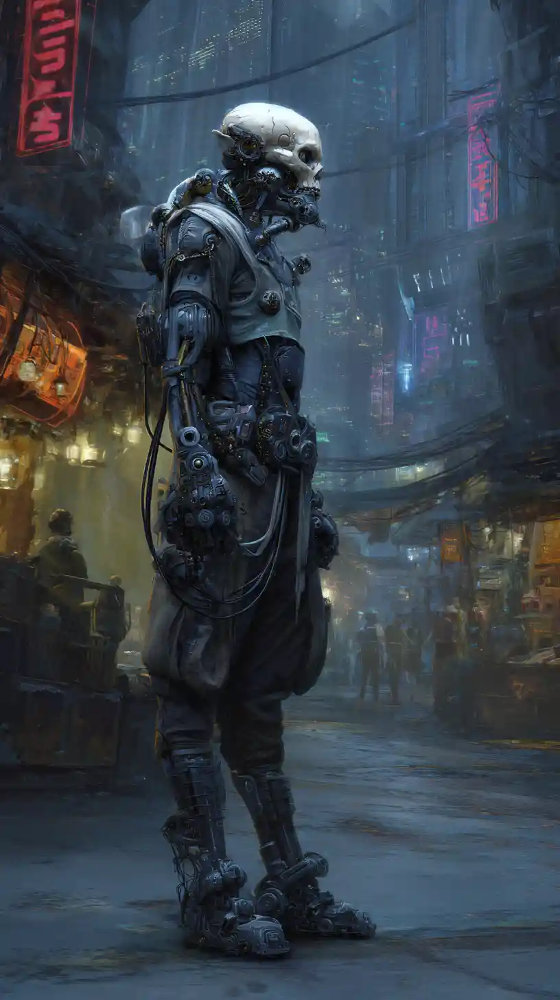 Ciborgue de corpo inteiro com armadura tática em rua cyberpunk escura