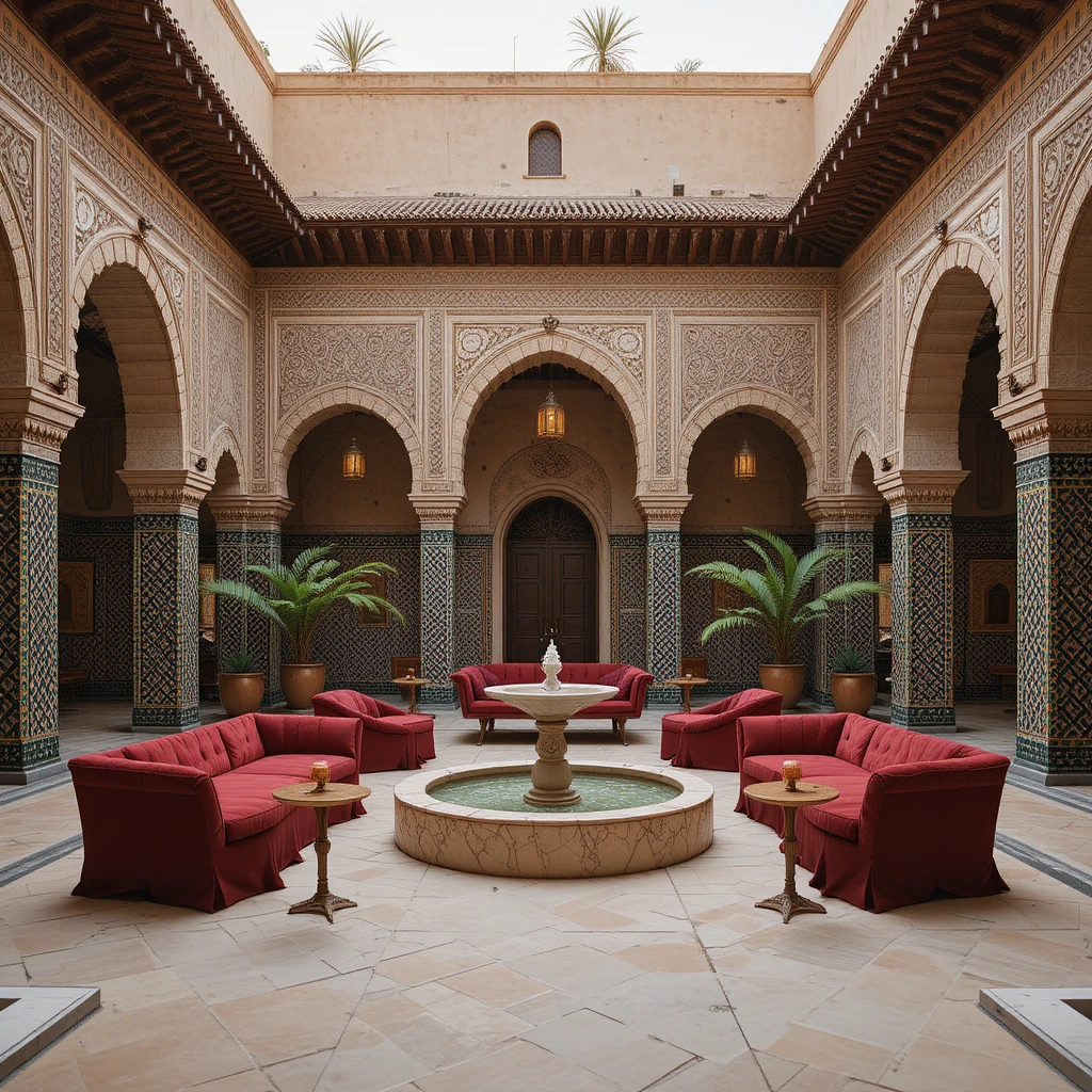 Cour de Marrakech avec arches de fontaine et sièges lounge rouges