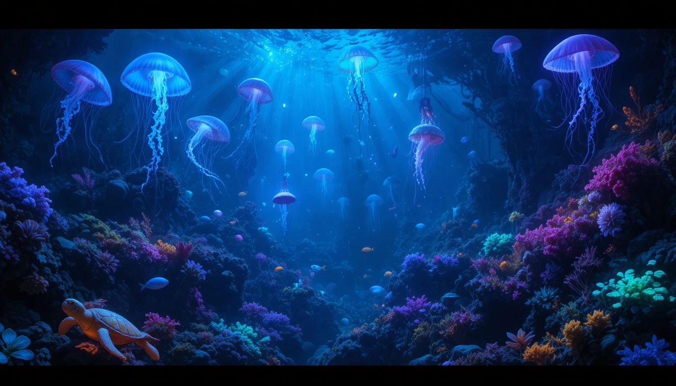 Criaturas Marinhas Bioluminescentes em um Reino Subaquático Escuro