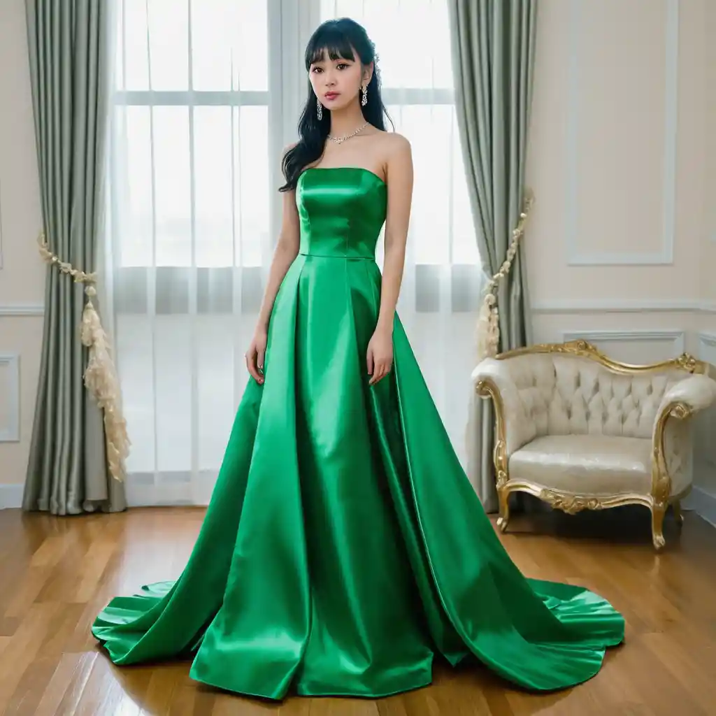Elegant girl in bright green satin gown in heaven