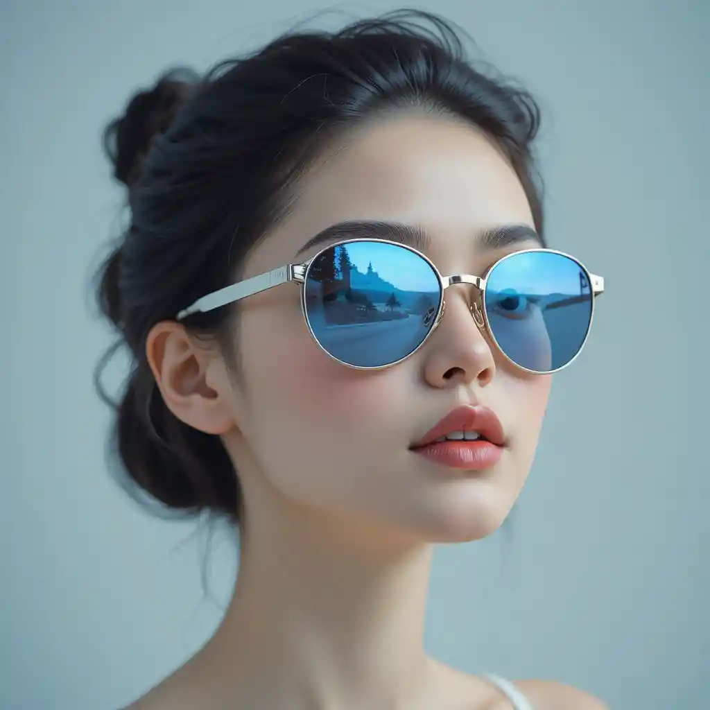 Young woman in sunglasses with dreamy blue reflection