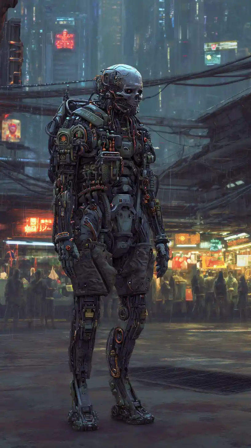 Cyborg cyberpunk menaçant en lourde armure tactique