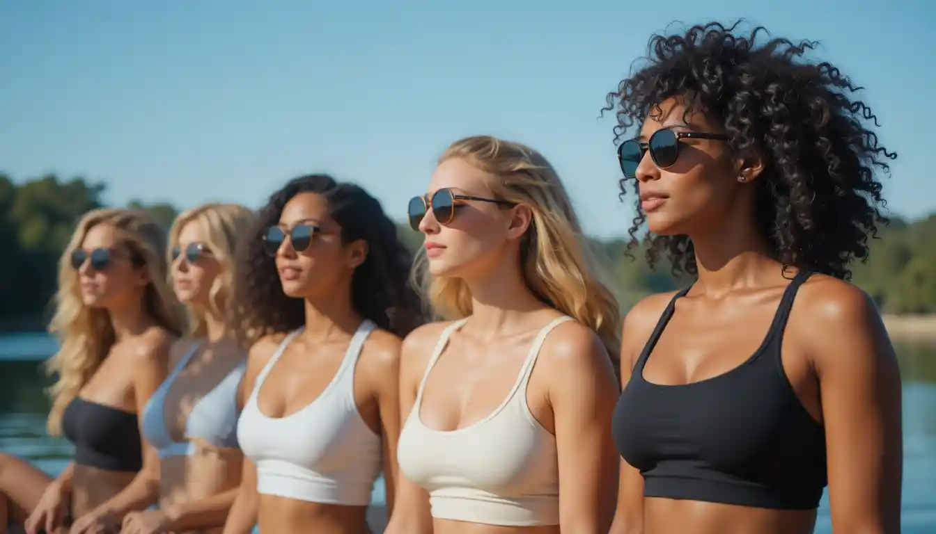 Mujeres con gafas de sol relajándose juntas junto a un lago tranquilo