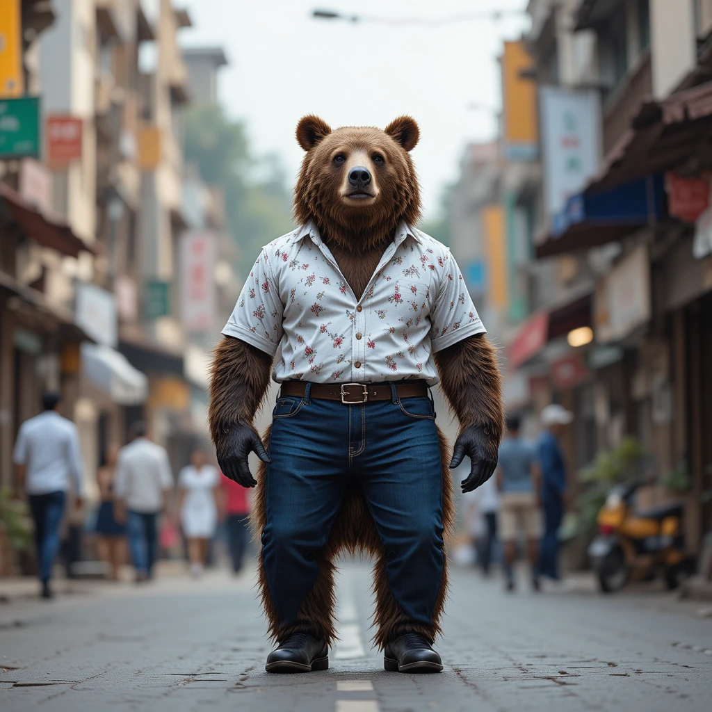 Urso pardo estiloso caminhando ereto em movimentada rua da cidade