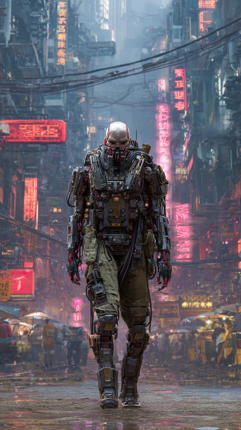Ciborgue cyberpunk ameaçador com armadura tática pesada