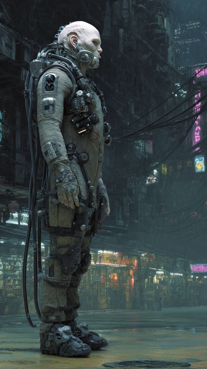 Zumbi ciborgue cyberpunk de corpo inteiro com armadura tática