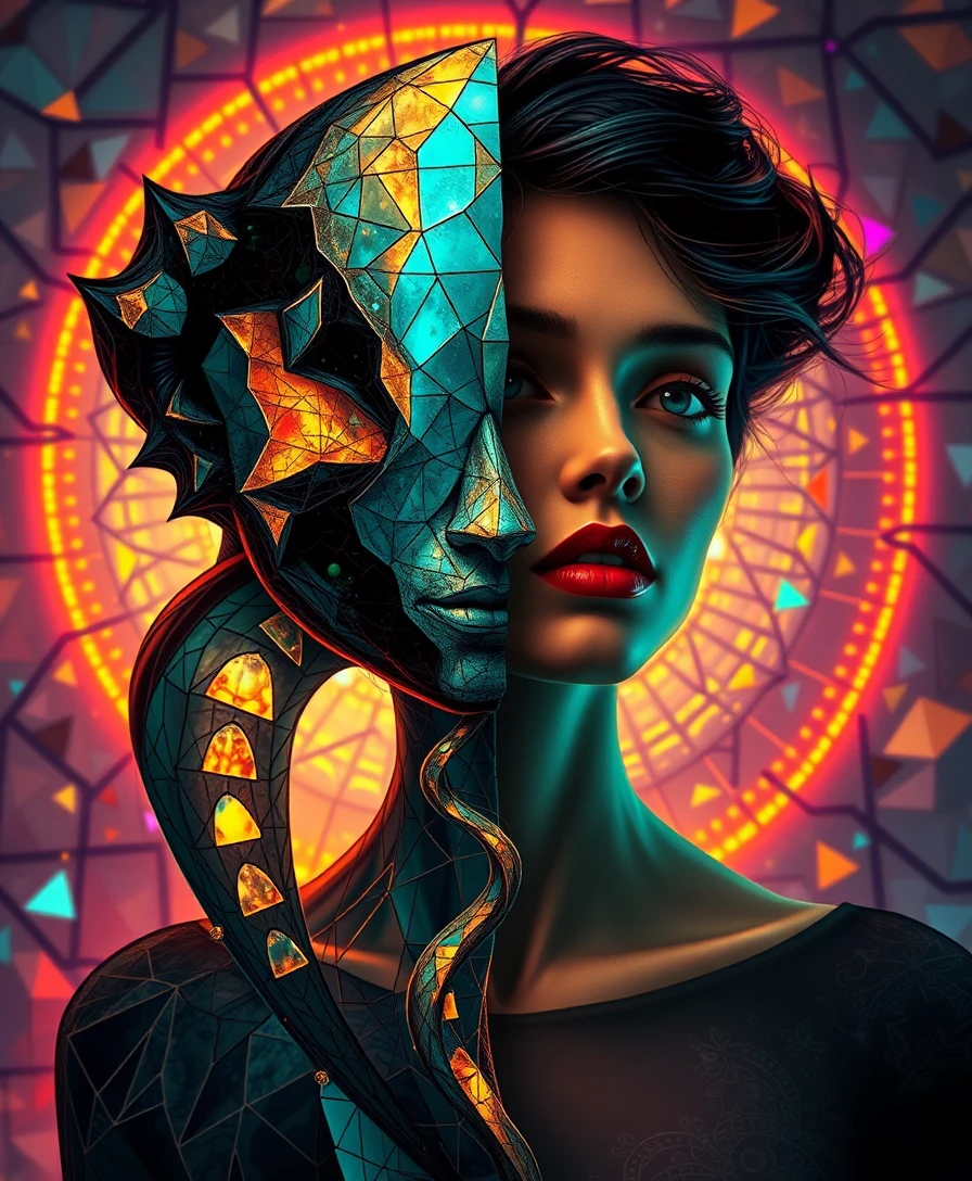 Retrato surreal de dualidade brilhando em um sonho de mosaico