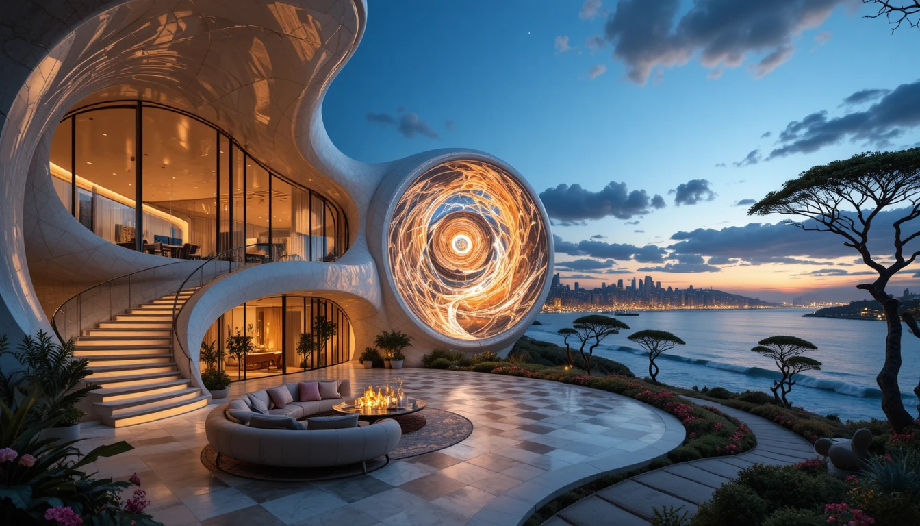 Villa organique futuriste au bord de l’océan au coucher du soleil