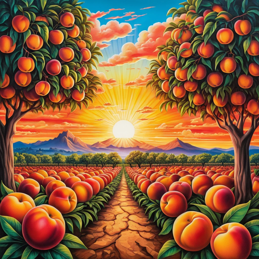 Frutteto surreale all’alba con alberi di nettarina in colori luminosi