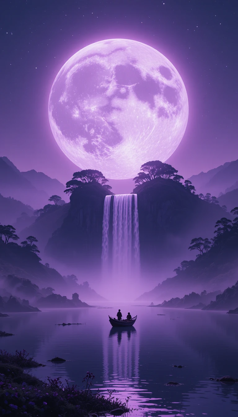 Paesaggio notturno viola da sogno con cascata al chiaro di luna