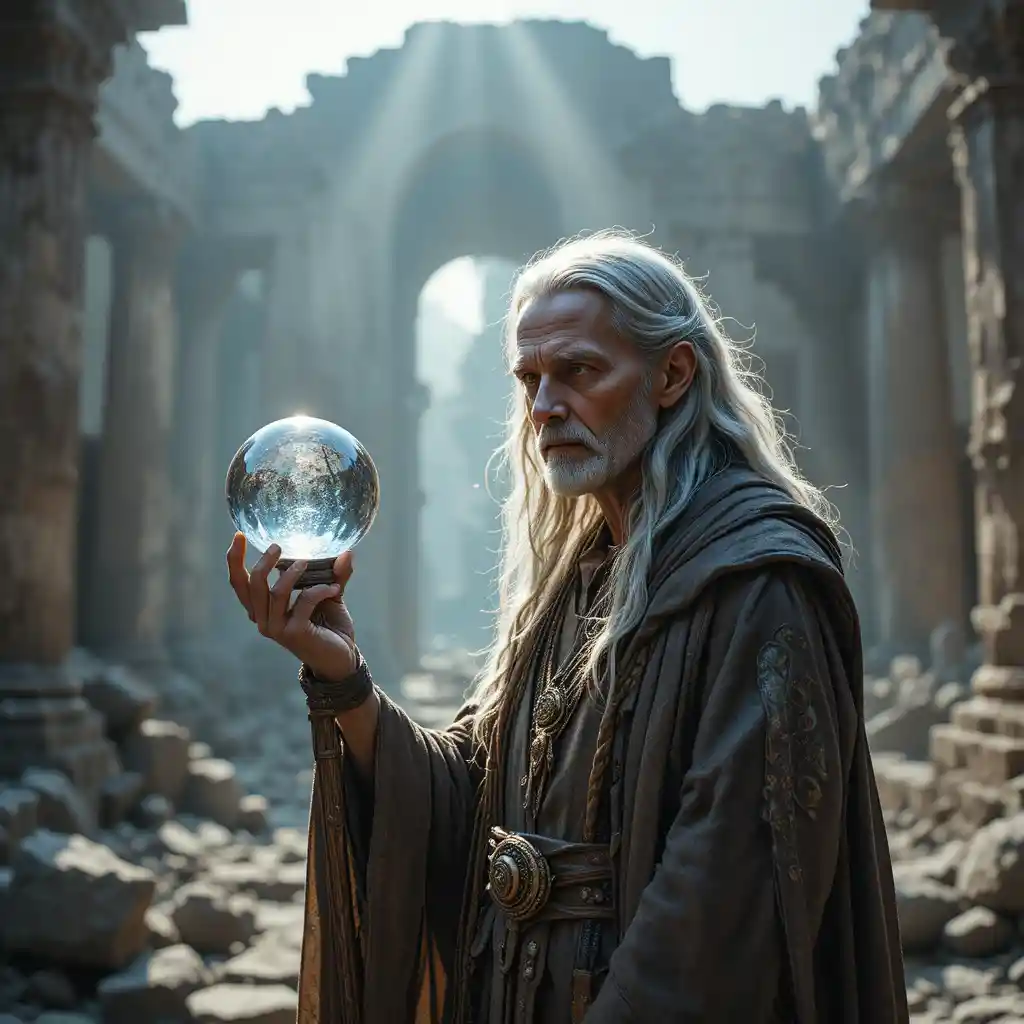 Blind seer before ancient temple ruins with crystal staff