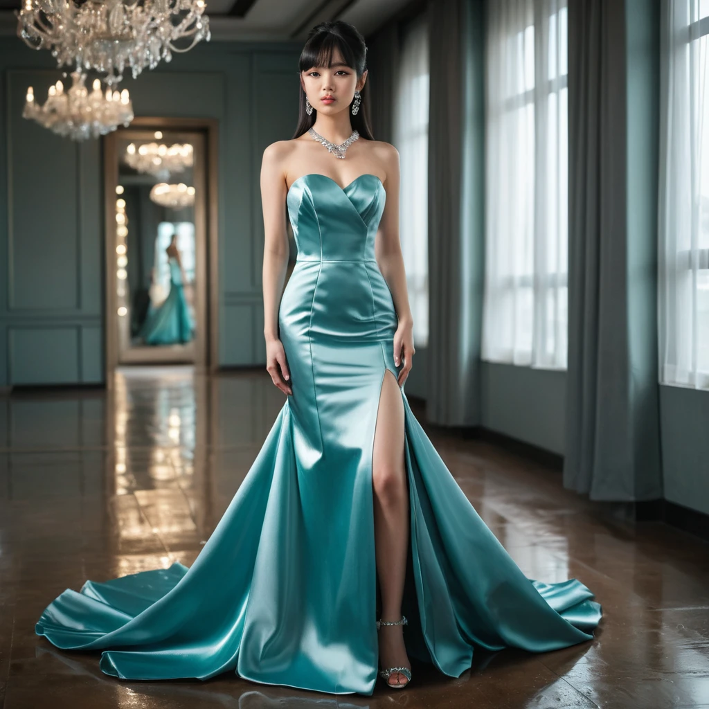 Elegant girl in glossy tosca satin bridal gown